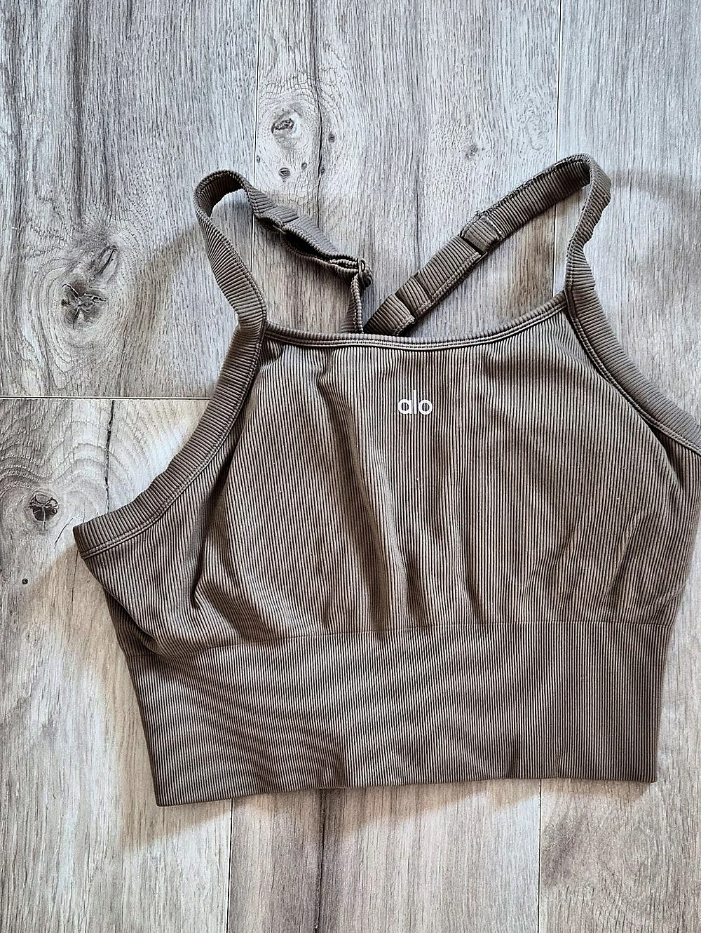 alo Ribbed Striped Crop Tank in Olive Green Like New